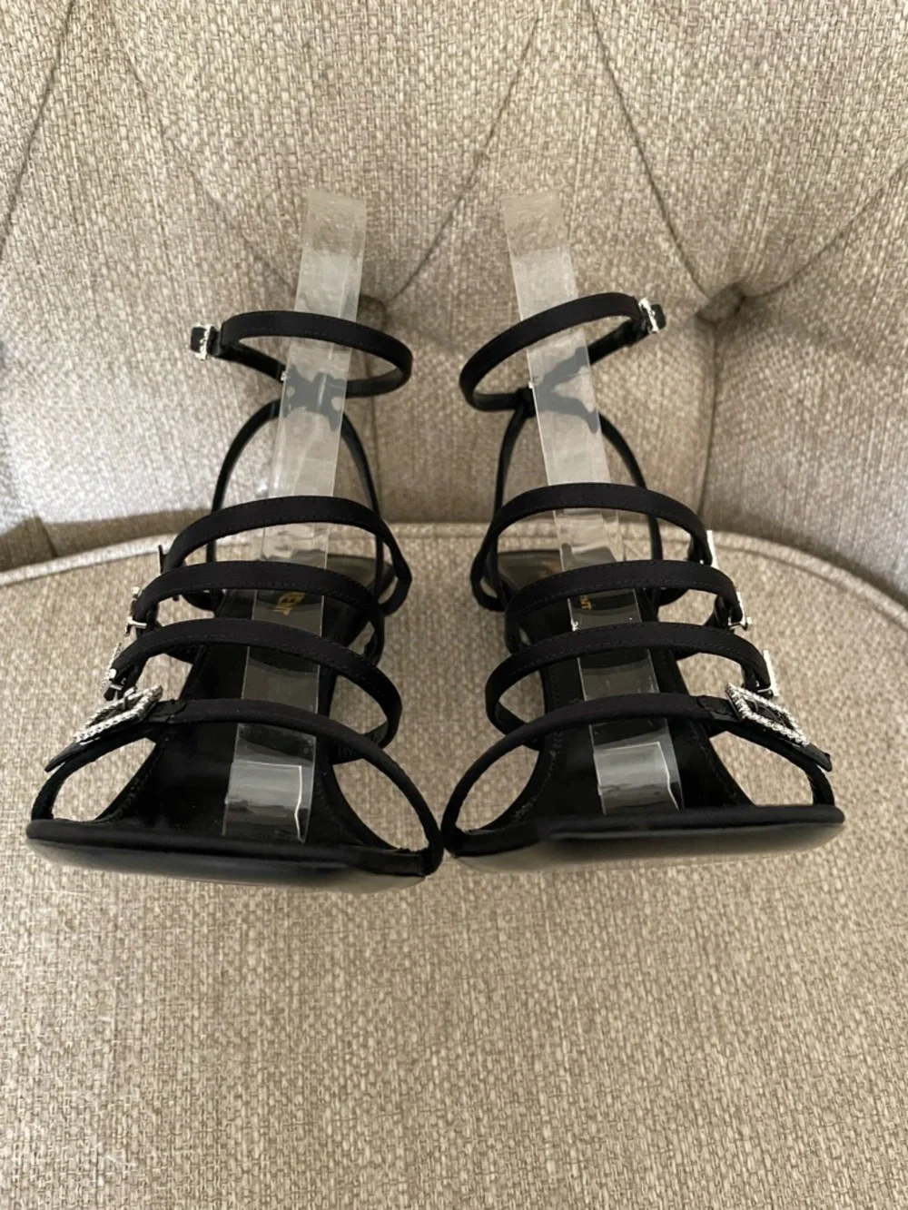Saint Laurent Jerry Sandals Black Satin Rhinestone YSL Heels EU39 US9 NIB - Picture 12 of 16